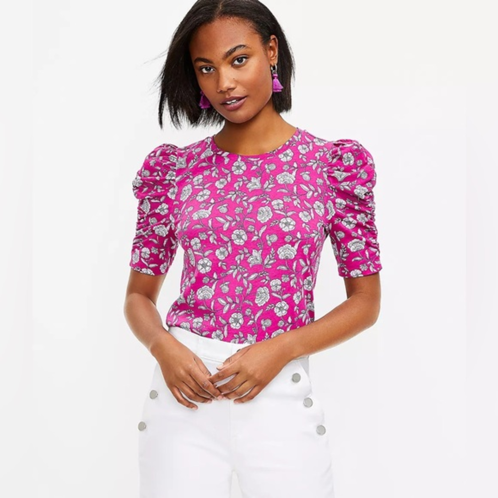 LOFT‎ floral cinched puff sleeve tee SMALL
